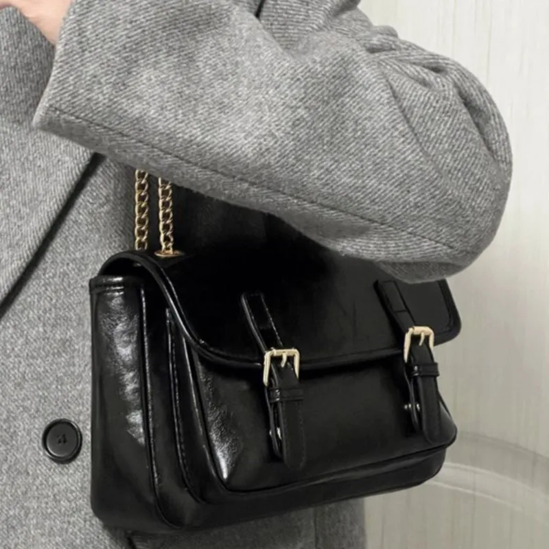 JIAERDI Retro Black Chain Messenger Bag Women Oil Wax Leather Large Capacity Shoulder Bags Ladies High end Commute Crossbody Bag