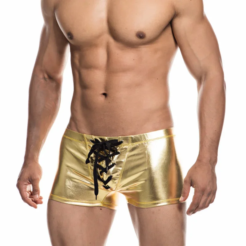 Mens Sexy Boxer Shorts Shiny Lace Up Faux Leather Men Gold Underpants Leather Trunks Fashion Male Underwear Men Shorts Clubwear [fila]prestige lace boxer briefs