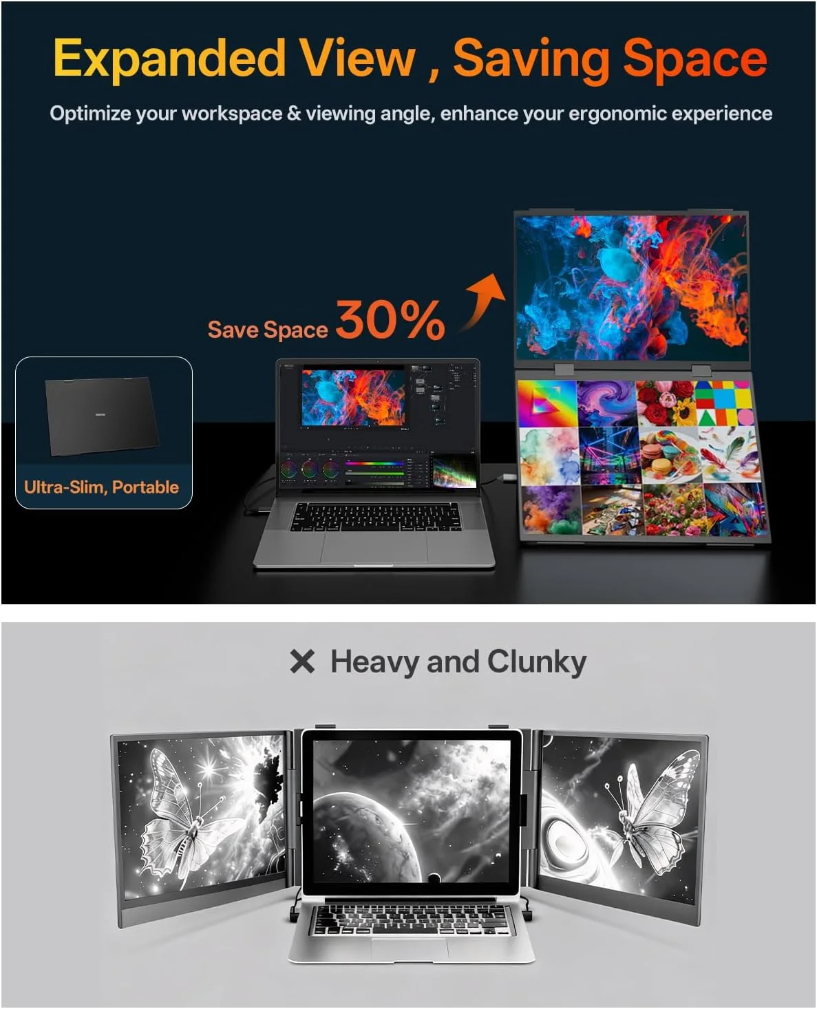 AHXJKA 14인치 듀얼 휴대용 모니터 확장기 72%sRGB 1920*1200P IPS 스택형 접이식 트리플 모니터 (PS4/5, Xbox, Mac, Switch 호환)