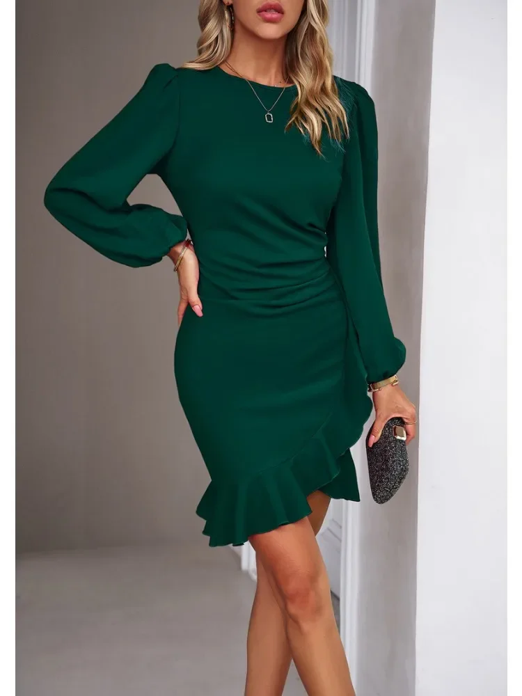 

Autumn Elegant Solid Dress Round Neck Bubble Sleeve Sexy Dresses Slim Hip Wrap Mini Skirt New Office Lady Fashion Winter Clothes