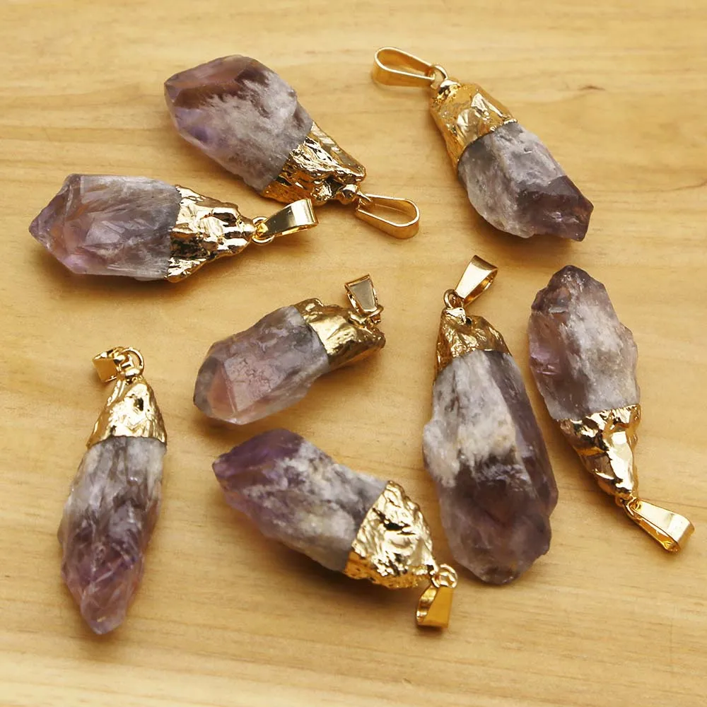 Natural Raw Ore Amethyst Irregular Gold Plated Necklace Pendant Healing Reiki Charms DIY Jewelry Accessories Gift Wholesale 8Pcs
