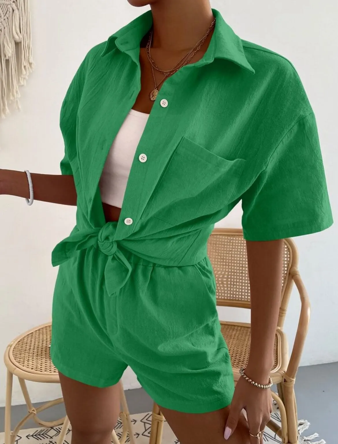 Solid Color Casual Cotton Linen Suit New Spring And Summer Solid Color Single Breasted Shirt Elastic Waist Loose Shorts