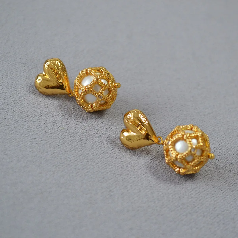 Vintage Style Earrings Gold-plated Brass Love Heat Pearl 925 Silver Needle Drop Earrings