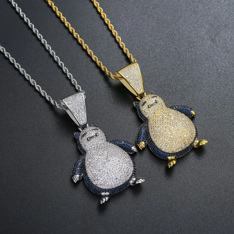 

New Fashion Creativity Pokemon Pokemon Snorlax Beast Micro Inlaid Zircon Hip Hop Pendant Necklaces Men Personality Jewelry Gifts