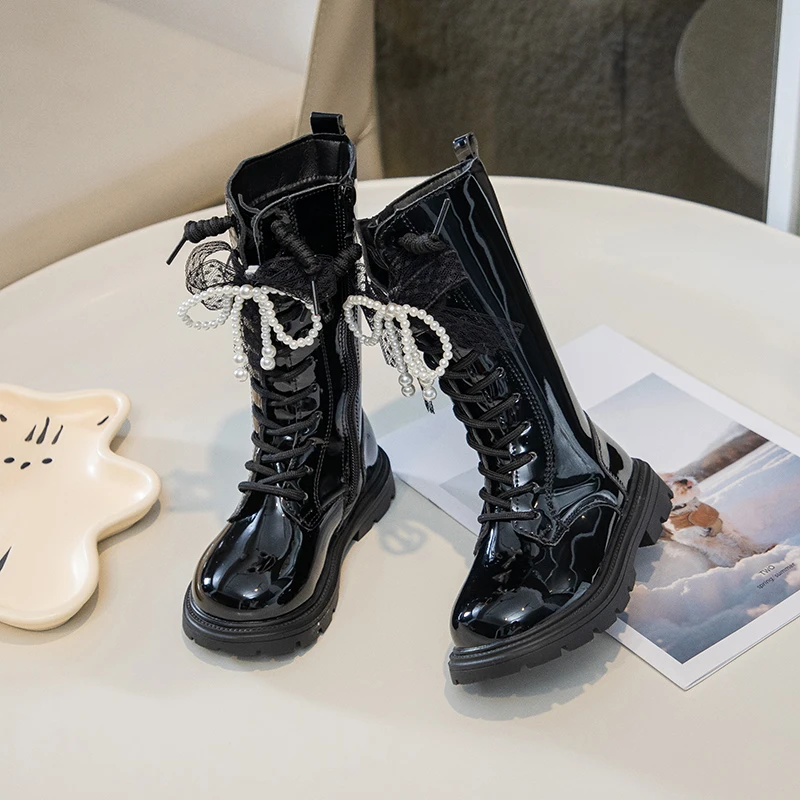 Leather Mid Calf Boots for Girls with Plush Lining