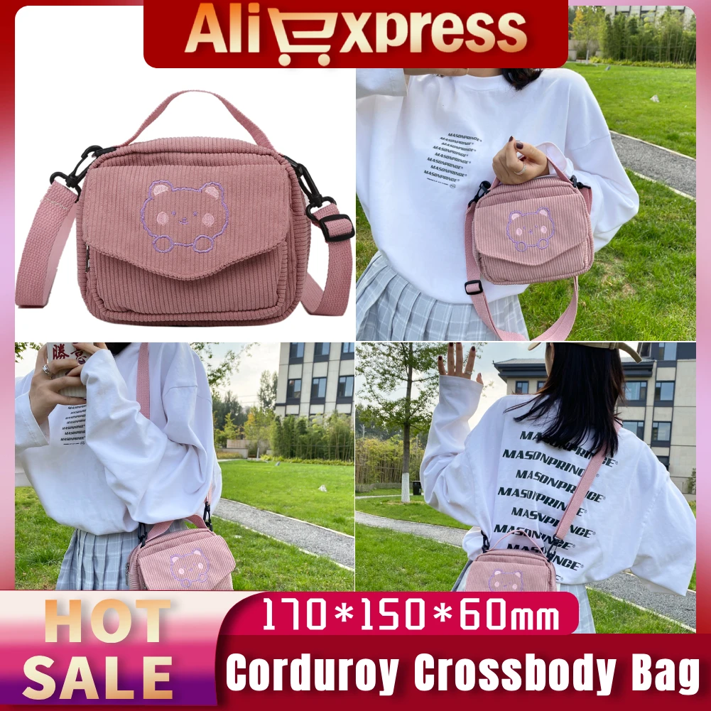 Corduroy Crossbody Bag Vintage Cute Shoulder Handbag Embroidery Bear Japanese Flap Pocket Autumn Winter Purse for Student Girls 1