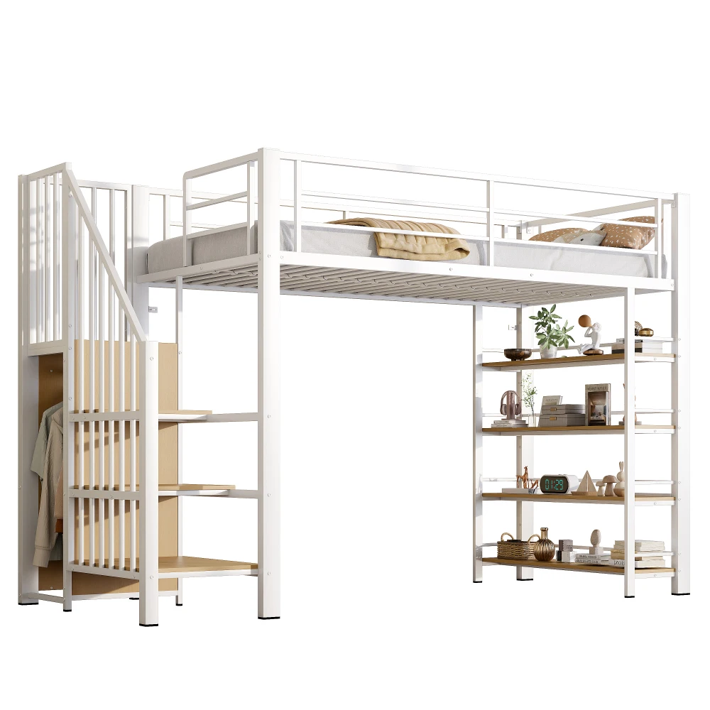 90*200cm Hochbett für Kinder, mit Sicherheitstreppe, Stauraum und kleinem Kleiderschrank, Bodeneinbaum, Hochzaun-Design, Einzelbett – Detail 22