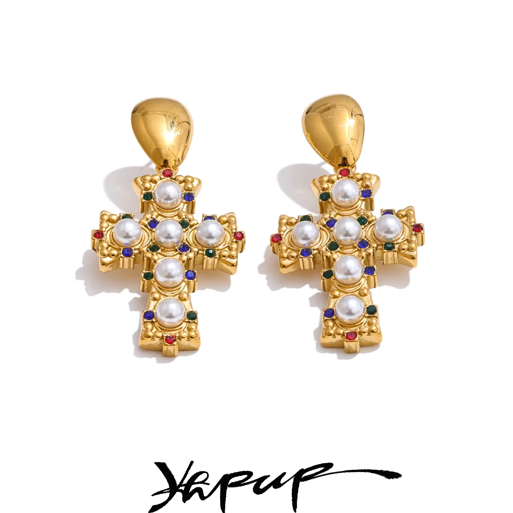 Yhpup Vintage Imitation Pearls Zirconia Cross Drop Earrings 18K Gold