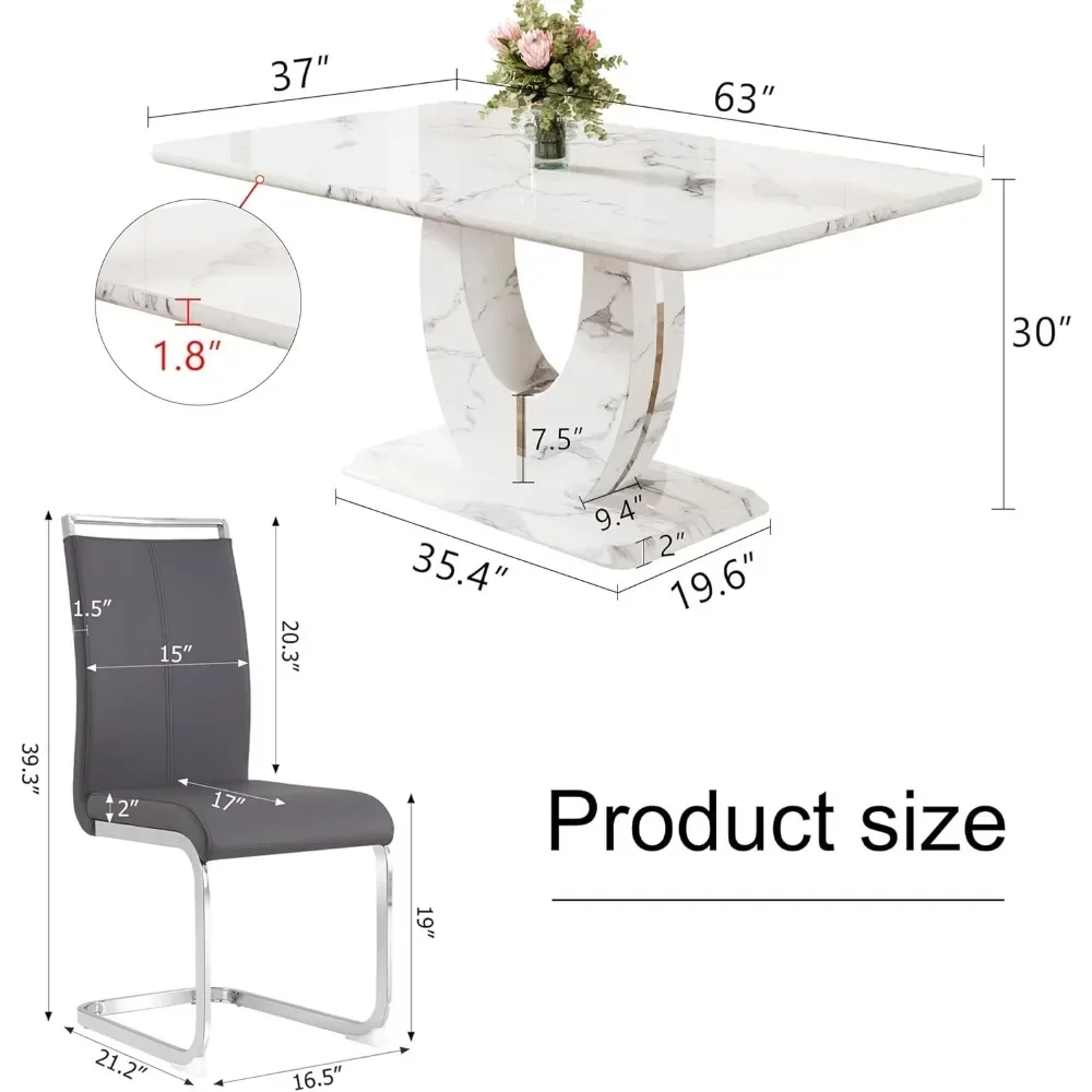 Modern Dining Table Set for 6 Rectangula Kitchen Table Set with Faux Marble Tabletop＆6 Pu Leather Upholstered Chairs