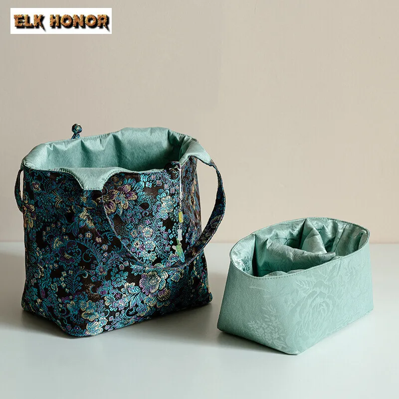 Deep Blue Lucky Flower Tea Art Storage Bag Large Capacity Tea Service Convenient to Carry Travel Handbag Teaset Protection Bag