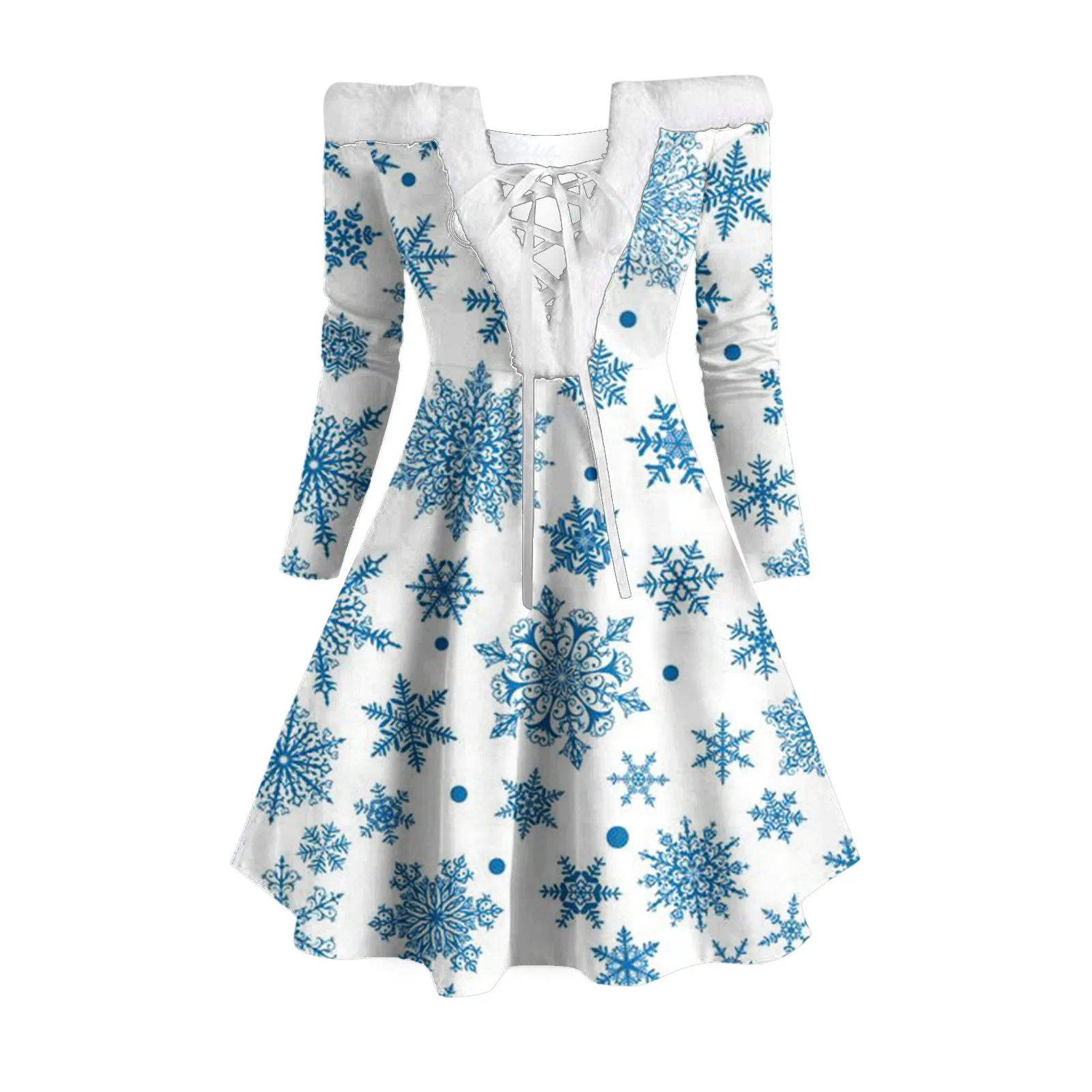 

Christmas Rockabilly Dress Women Snowflake Print Feather Neck Off Shoulder Lace Up Bandage Dress Long Sleeve Xmas Party Vestidos