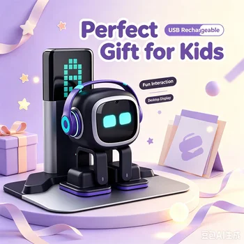 Robot Giocattolo Interattivo da Tavolo Intelligente con Espressioni Dinamiche a LED, Controllo Touch, Musica da Ballo e Base di Ricarica, Ricaricabile USB