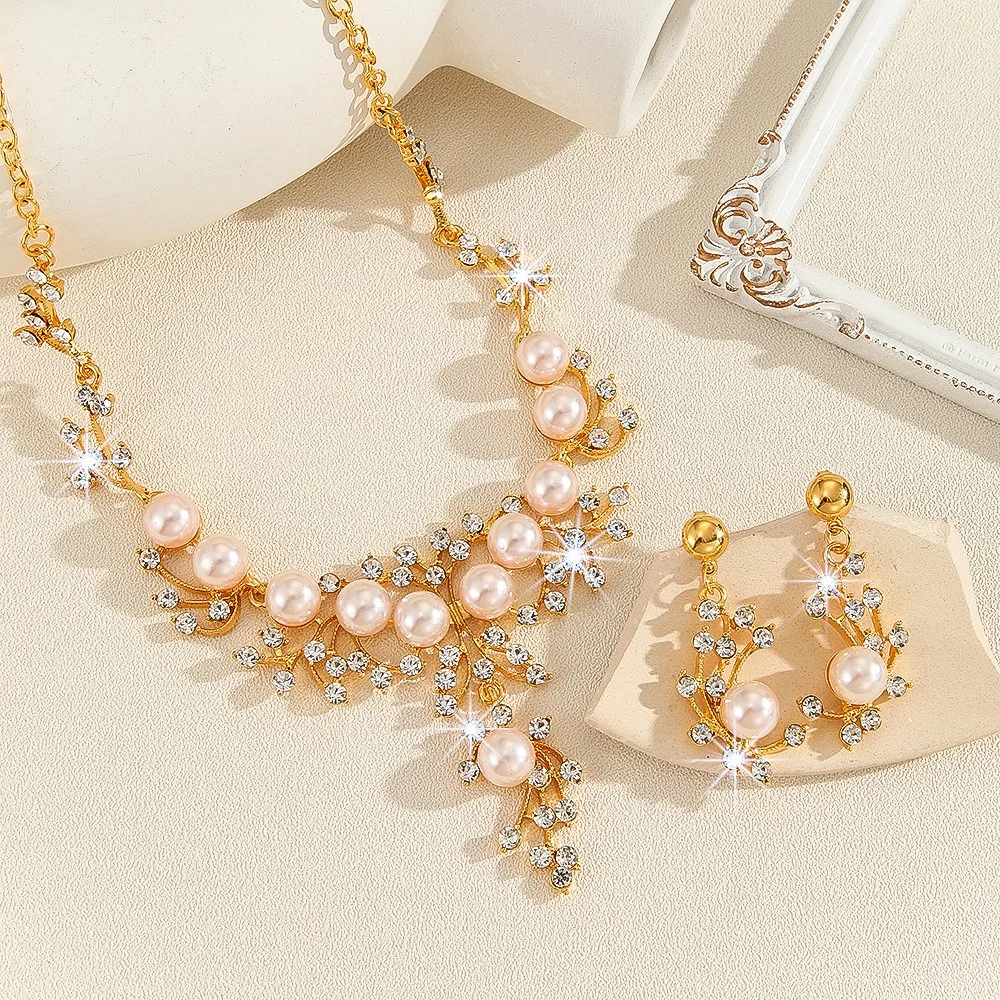 LENNIK High-End-Set mit Imitationsperlen und Strasssteinen, Braut-Hochzeits-Halsketten-Ohrringe, 2-teilig, Geburtstagsgeschenk für Frauen, eleganter Schmuck – Detail 4