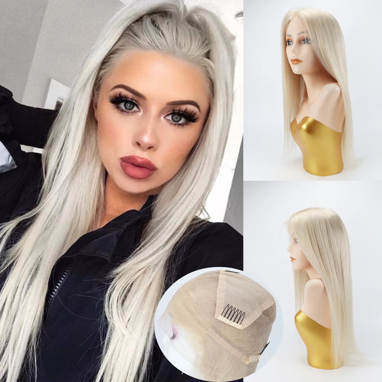 여성용 블론드 HD 투명 레이스 프론탈 가발 100% 인모 실키 스트레이트 프리플럭 베이비 헤어 풀 레이스 프론탈 가발  60