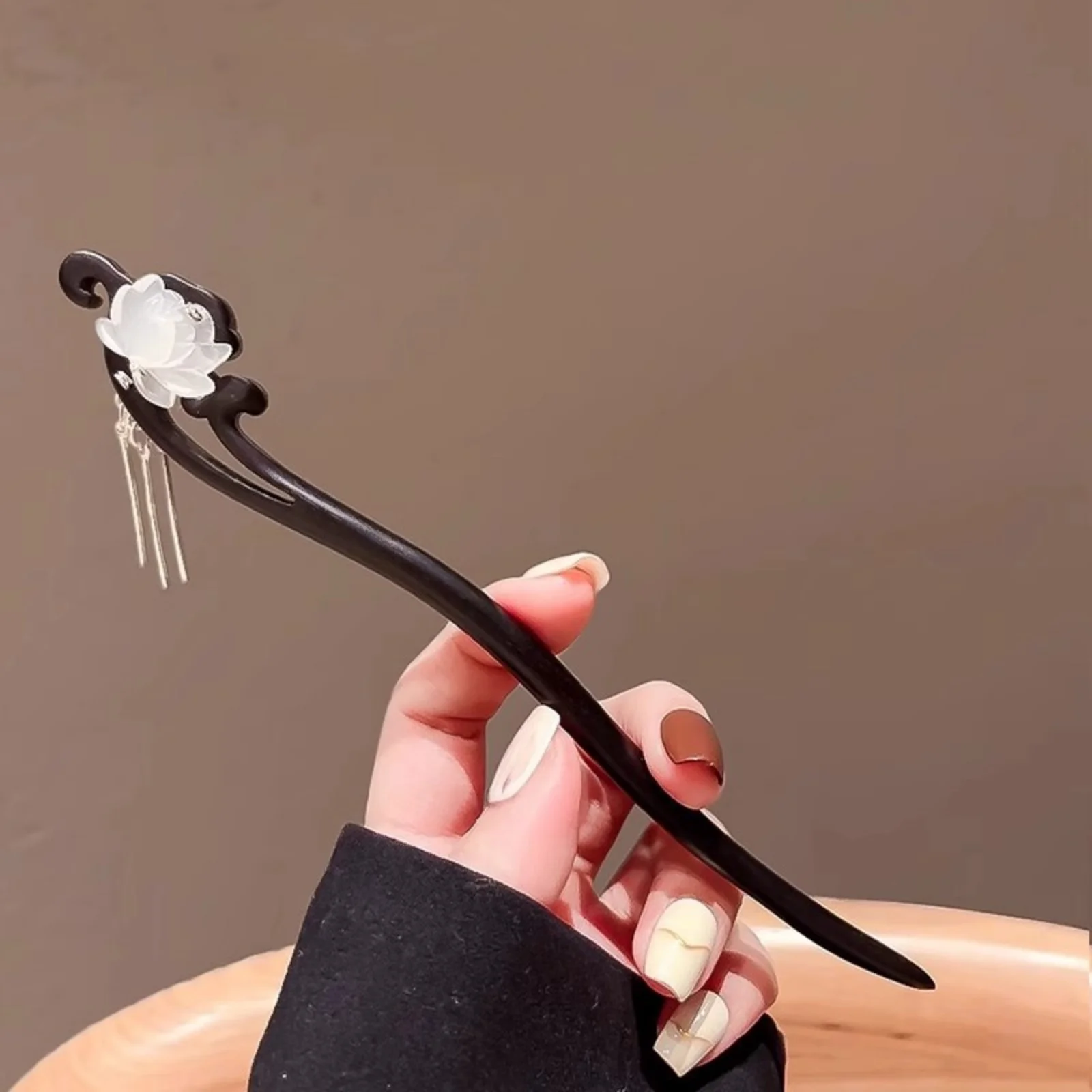 1PC Chinese- Style Wooden Hair Stick with Jade Flower & Tassels, Elegant Hair Accessory for Women, Traditional Hairpin for Updos