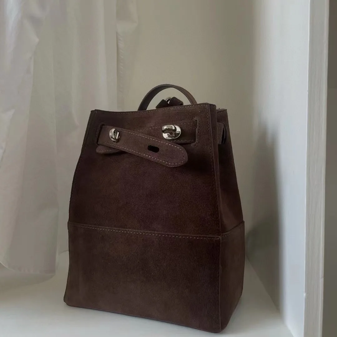 Korean Minimalist Vintage Leather Backpack Large Capacity Bucket Bag