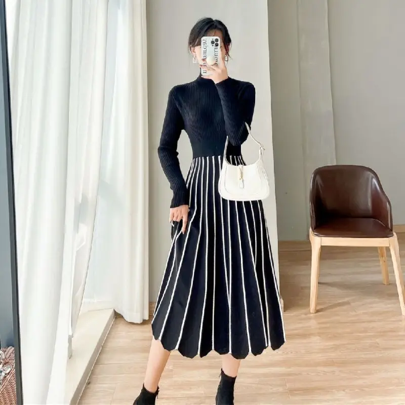 

Autumn/Winter Celebrity Light Mature Style Half High Neck Knitted Dress Women's Stripe Over Knee A-line Bottom Mid Length Skirt