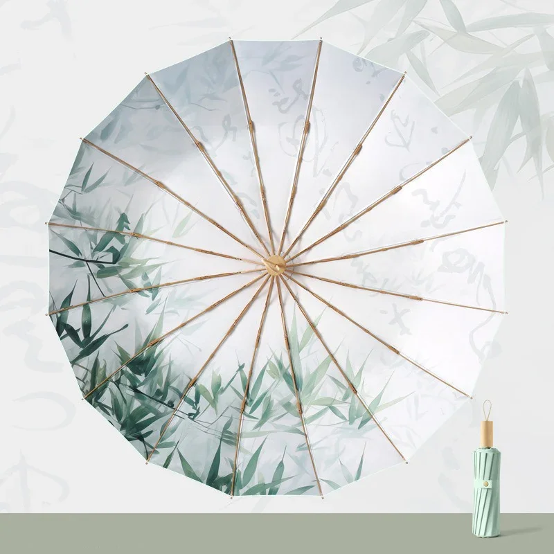 16 Ribs Umbrellas Chinese Sunny and Rainy UV Protection Umbrella Bamboo Patten Women Folding Rain Umbrella Parasol Lady Paraguas