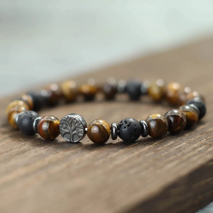 Men Natural Stone Tree Of Life Bracelet With Tiger Eyes Hematite
