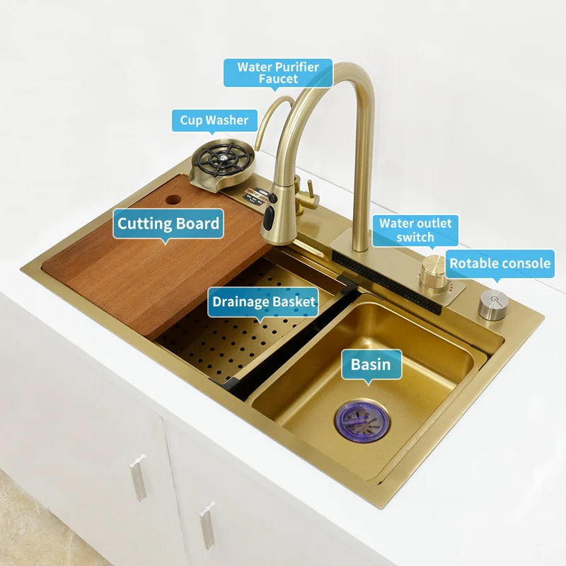 Gold Waterfall Kitchen Sink 304 Stainless Steel Modern Multifuctional Large Sink  Above Counter Apron Front Installation