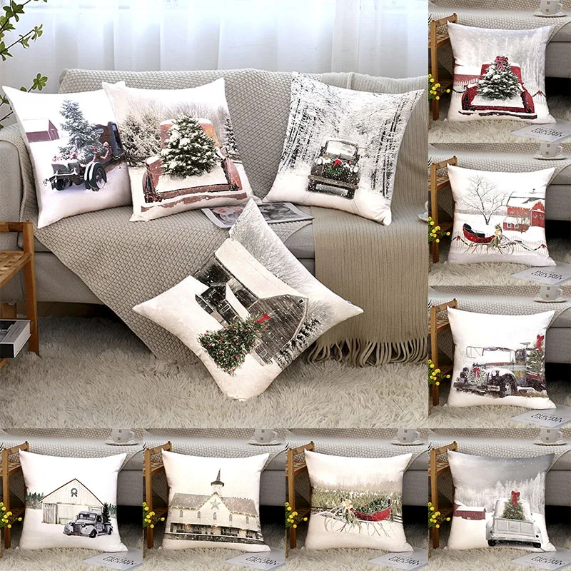

Decoration Christmas Pillow Case Multiple Pieces Free Collocation Red Car Snow Scene Peach Velvet Printed Sofa Pillow Cover Home