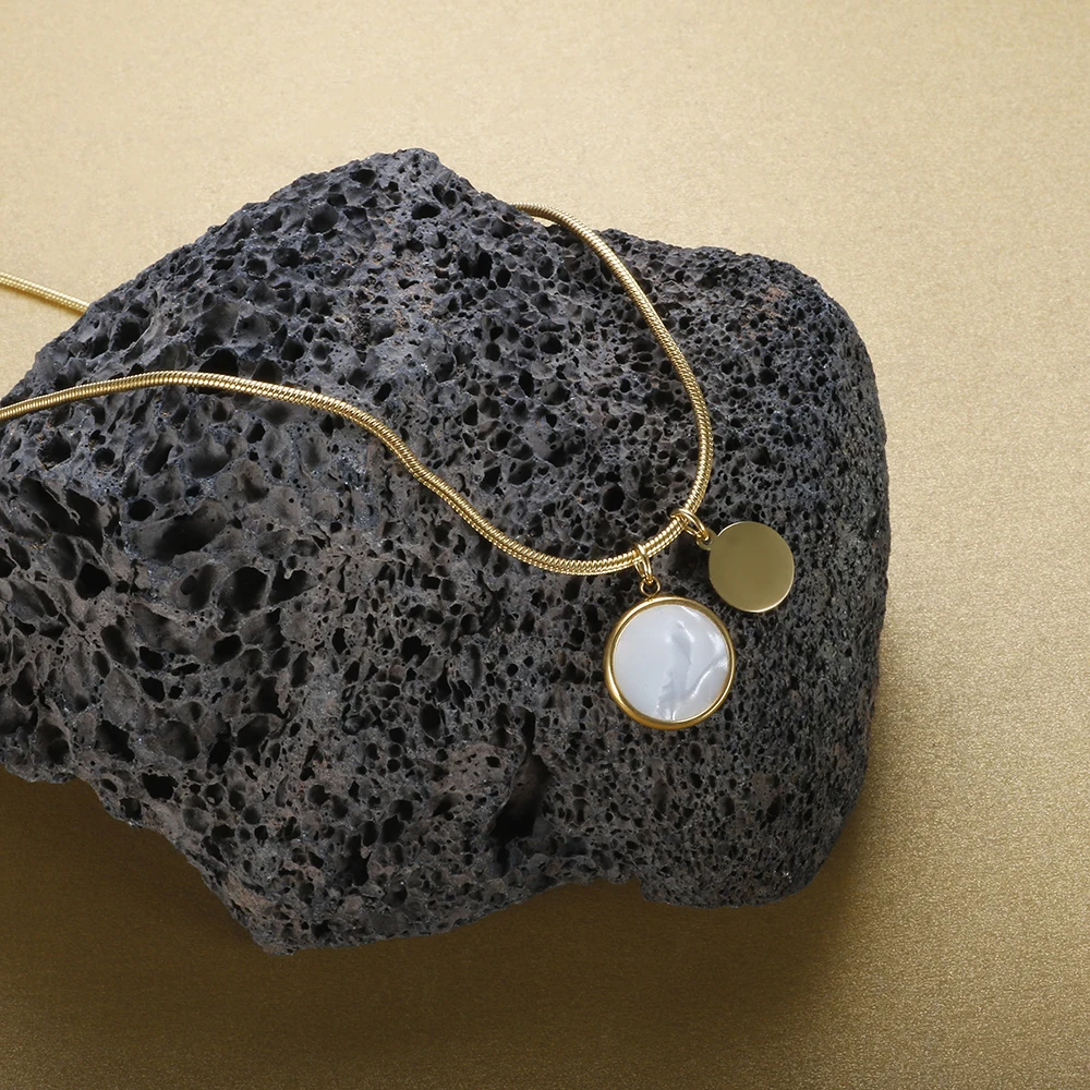 

White Shell Pendant Necklace Simple Elegant Jewelry for Women Stainless Steel Clavicle Chain Double Round Pendant Necklace