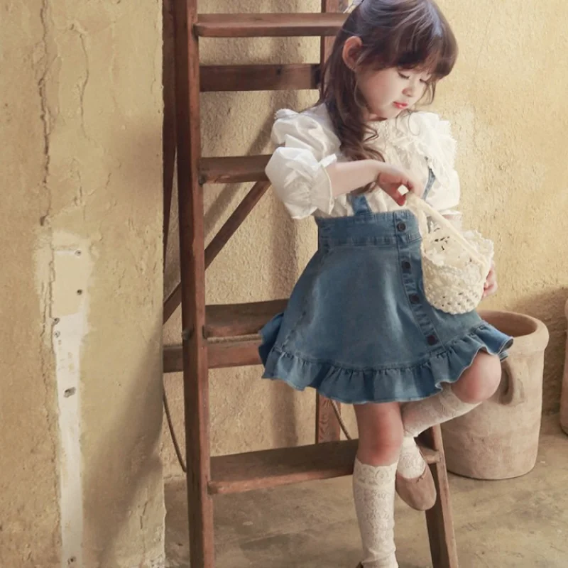 Girls' Suspender Dress Spring Strawberry Shan Han Ruffled Denim Sling Trendy Comfortable Cute Sweet
