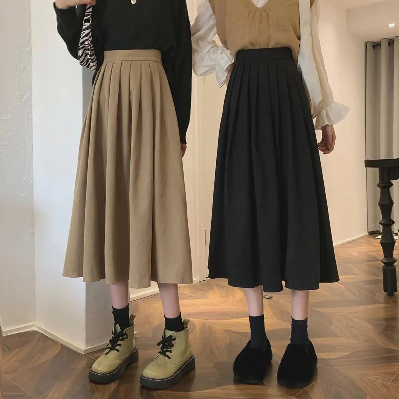 Lucyever Fashion High Waist Pleated Skirt Women Korean Elegant College Style Midi Skirt Ladies Autumn Winter Thick A-line Skirts 2