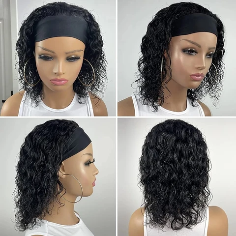 Synthetic Water Wave Curly Wig Headband Wigs for Black Women Glueless Half Wig with Headbands Attached Natural for Daily Use