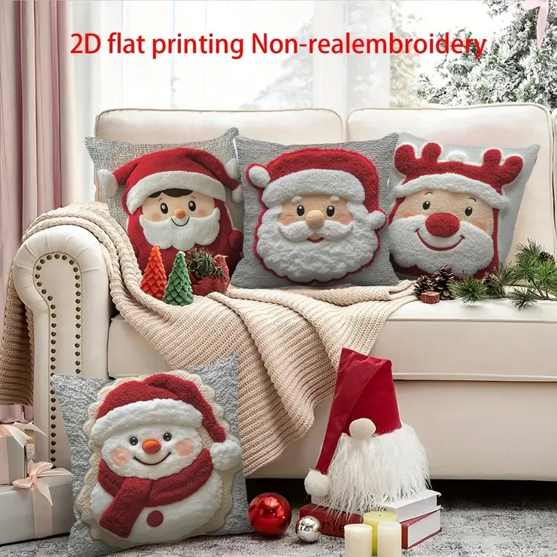 2D Printed Christmas Cushion Cover Santa And Elk Soft Plush PillowCase Cute Decorative Pillow Cover Christmas Party decorative