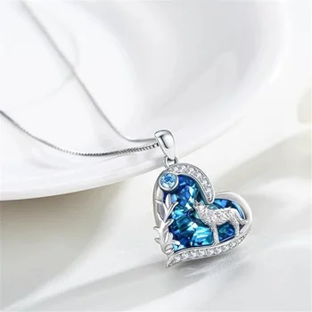 Female Charm Crystal White Blue Moon Stone Heart Pendant Necklace Vintage Silver Color Wedding Jewelry For Women