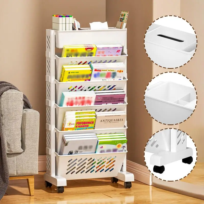 Simple Movable Book Shelf on Wheels 5/6 Layers Bookshelf Movable Floor Small Cart Book Storage Shelf Pen Holder Office Supplies storage rack book display stand cube storage organizers corner wall shelves