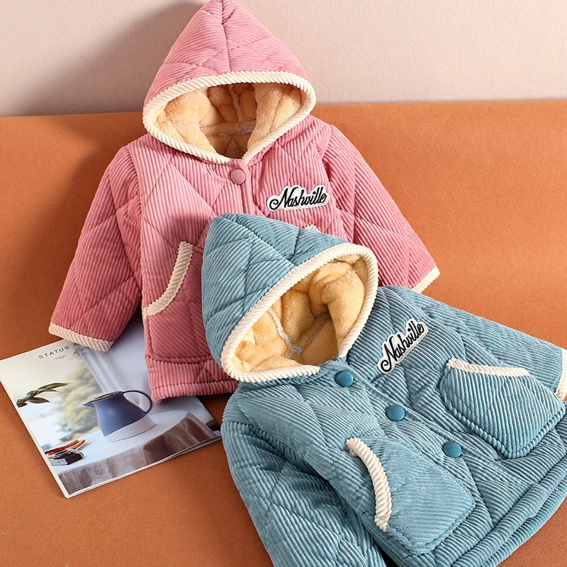 Autumn Winter Children's Pajamas Thickened and Velvet Flannel Baby Quilted Warm  Boys Girls Solid Home Set