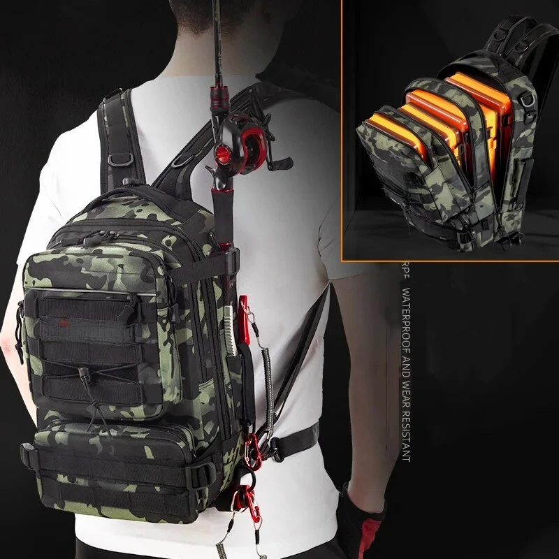 Sac à dos pêche avec porte-canne - Sac de rangement équipement pêche, camping et chasse