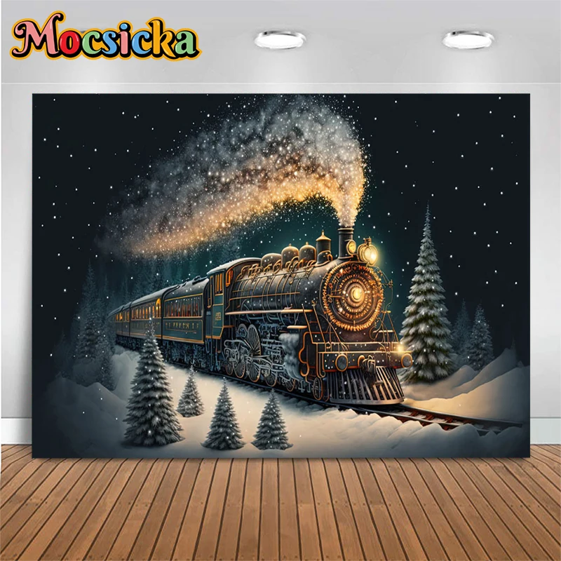 Mocsicka Outdoor Snow Scenery Decorazione Sfondo Winter Forest Prop Rail Treni Illuminazione Al Galoppo Sfondo Studio Photobooth