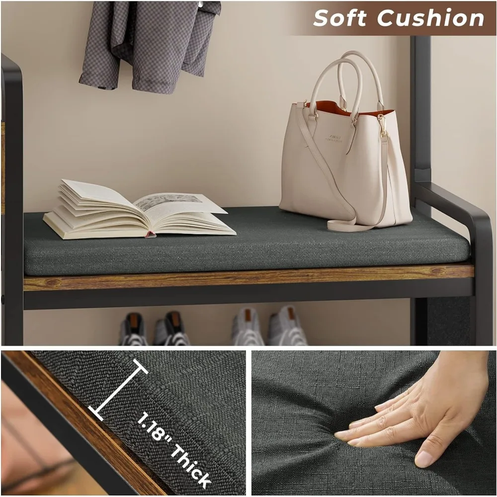 Hall Tree, Entryway Bench, Coat Rack Shoe Bench, Shoe Storage and Storage Drawer, Soft Cushion and Hanging Rod for Living