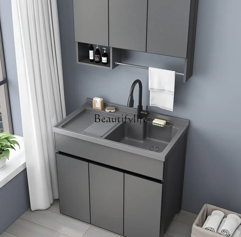 

Balcony Alumimum Wash Wardrobe Laundry Tub Household Hand Basin Laundry Tub All-in-One Cabinet with Washboard