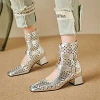 Sandales d'Été à Talons Épais et Carrés pour Femme Chaussures Ajourées à la Mode, Bottes en Maille, Nouvelle Collection 3