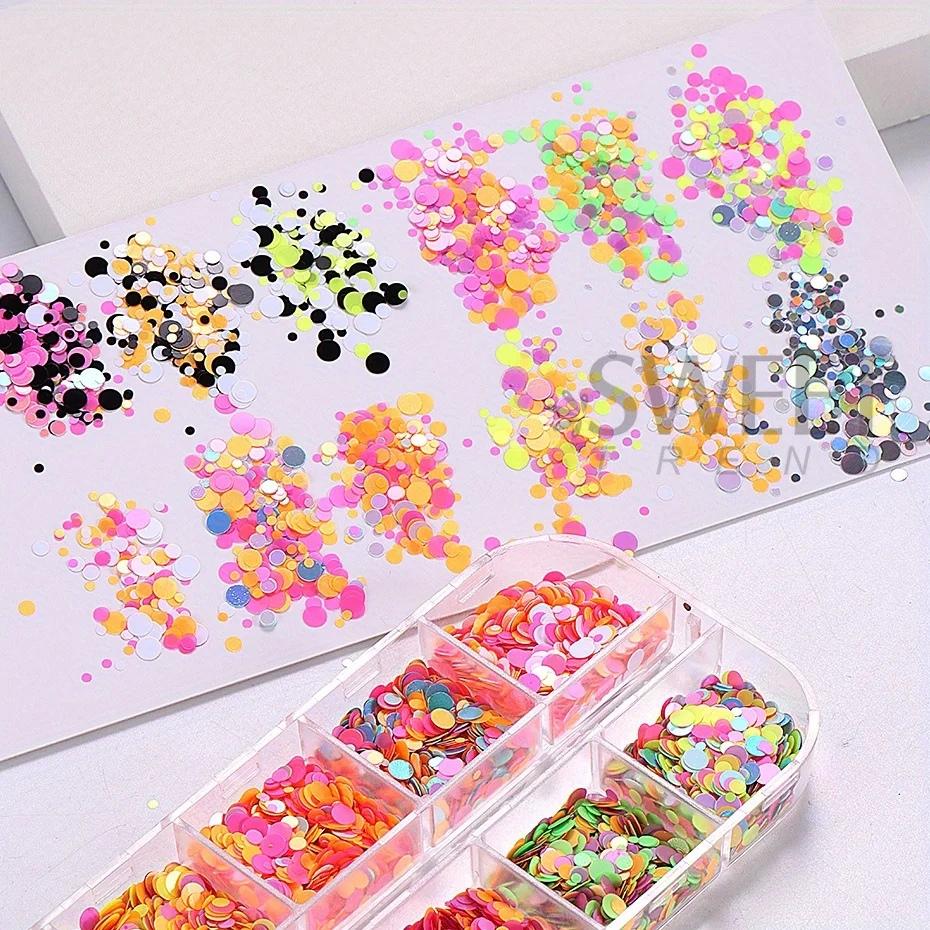 12 Grids Fluorescent Round Sequins Nail Glitter Sparkle Bubble Circle Flakes Polka Dot Design Slice Spangles Holo Manicure Decor
