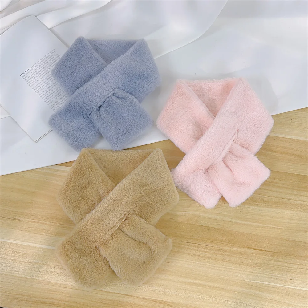 Winter Plush Scarf For Women Autumn Cute Thickened Warm Faux Fur Cross Scarves Girls Soft Neck Ring Scarf Korean Style