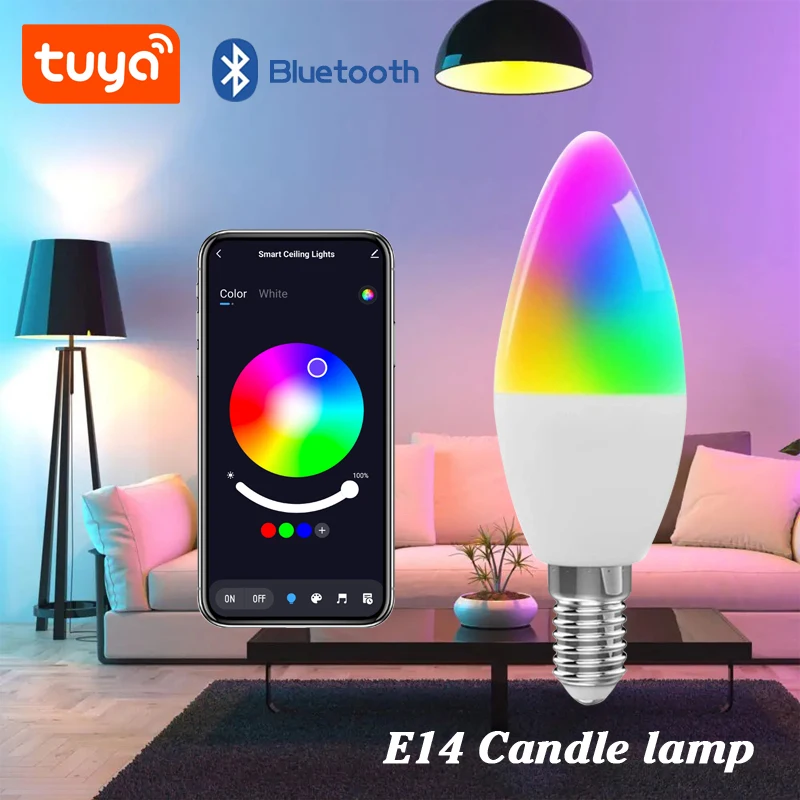 Tuya Smart Life E14 WiFi Bluetooth Smart Candelabra Bulbs 5W  RGB+CW LED Lamp 220V Dimmable Lamps Alexa, Google