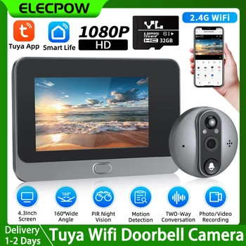Elecpow 투야 초인종 카메라, 와이파이 1080P 구멍 문짝 카메라, PIR 야간 투시 모션 감지 문짝 뷰어, 4.3 인치