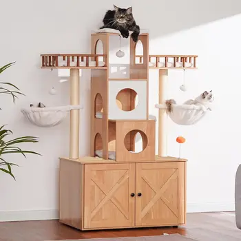 Cat Tree with Litter Box Enclosure for Indoor Big Cat Tower for Large Cats 20 lbs Heavy Duty Modern Cat Condo Furniture 2