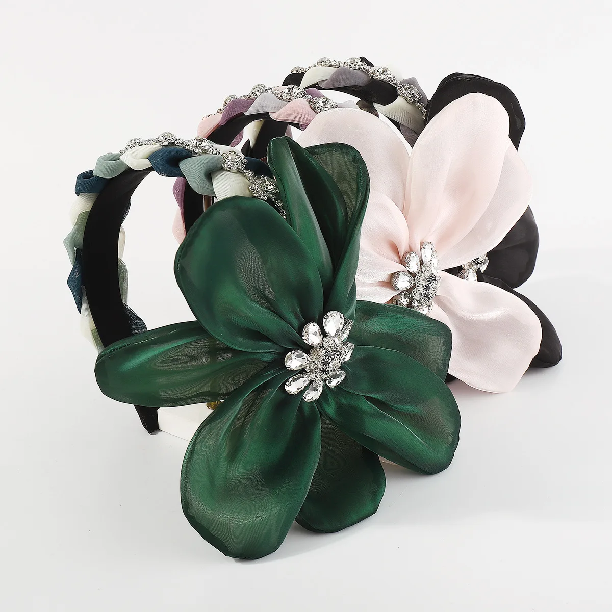 European and American Fashion Luxury Spinning Fairy Oversized Flower Rhinestone Headband Twist Braid Hairband for Women leather universal car armrest pad covers creative rose flower rhinestone crystal auto center console arm rest seat box pad women