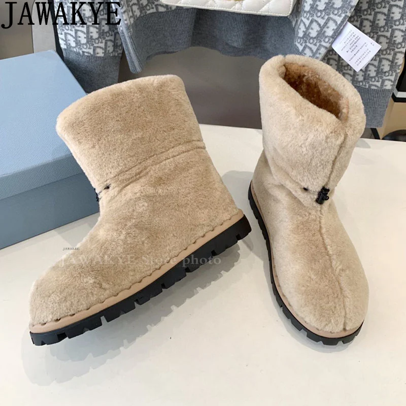 

Wool Round toe Thick Sole Snow Boots Women Elastic Band Warm Fashion Brand Boots Winter Luxury Thicken Fur Ankle Boots Woman