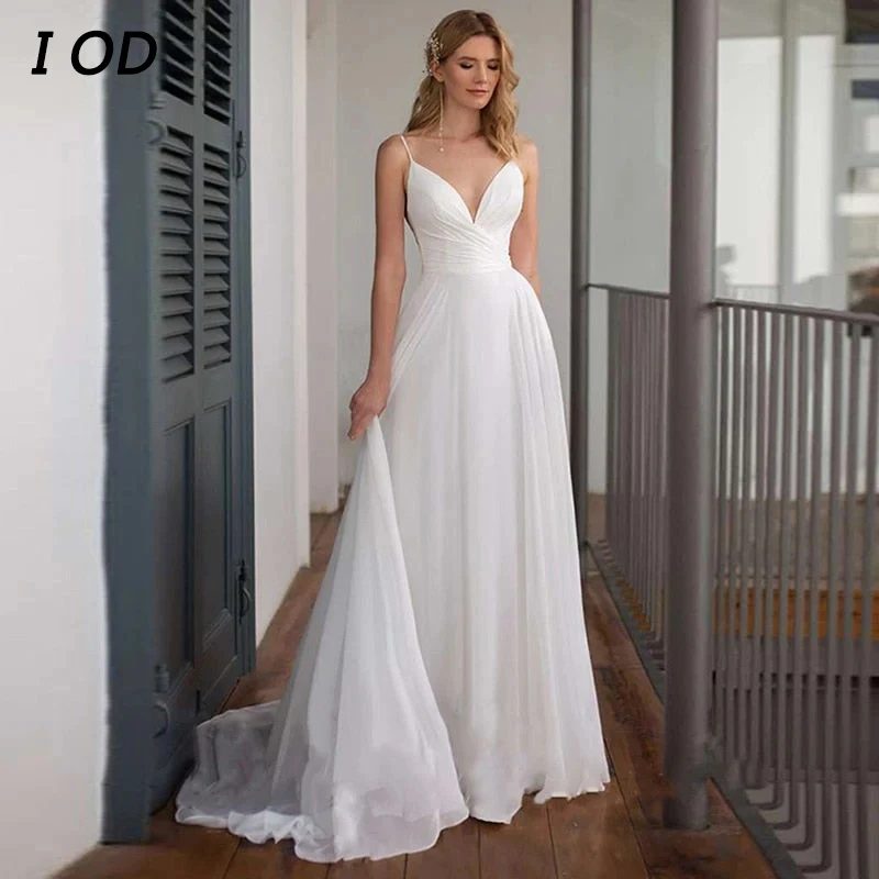

I OD Simple A-Line Wedding Dress V-Neck Spaghetti Straps Backless Zipper Chiffon Bridal Gown Floor Length Vestidos De Novia New