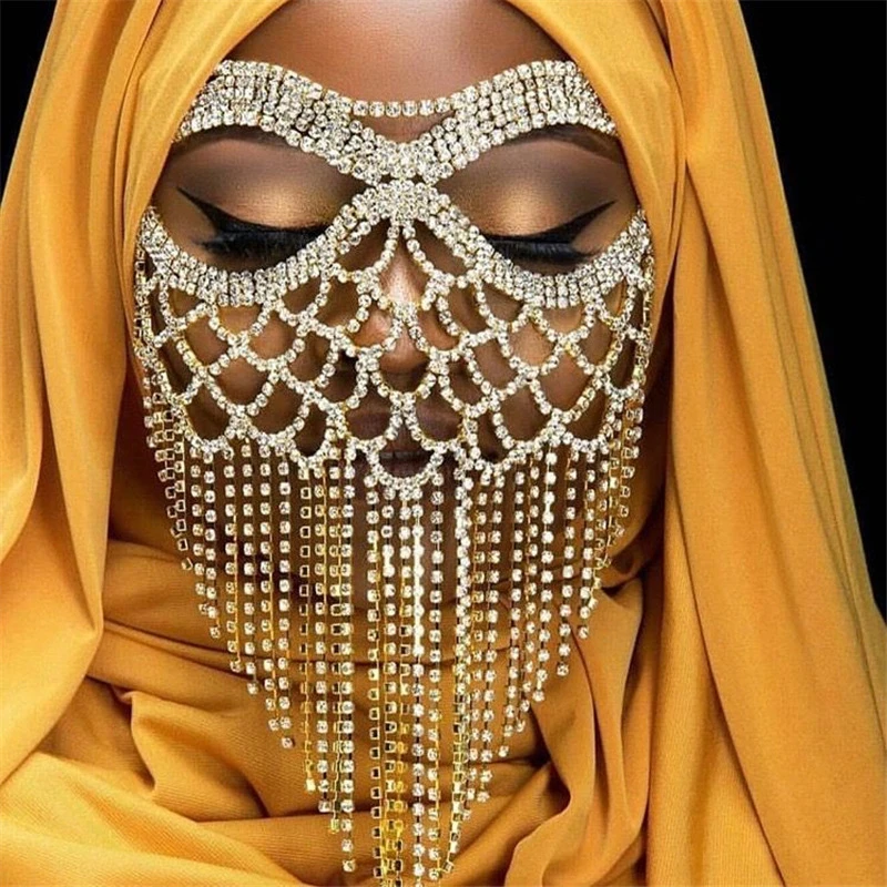 Indian Tassel Veil Mask for Face Women Rhinestone Face Masks Masquerade Dance Party Banquet Decoration Accessories Jewelry