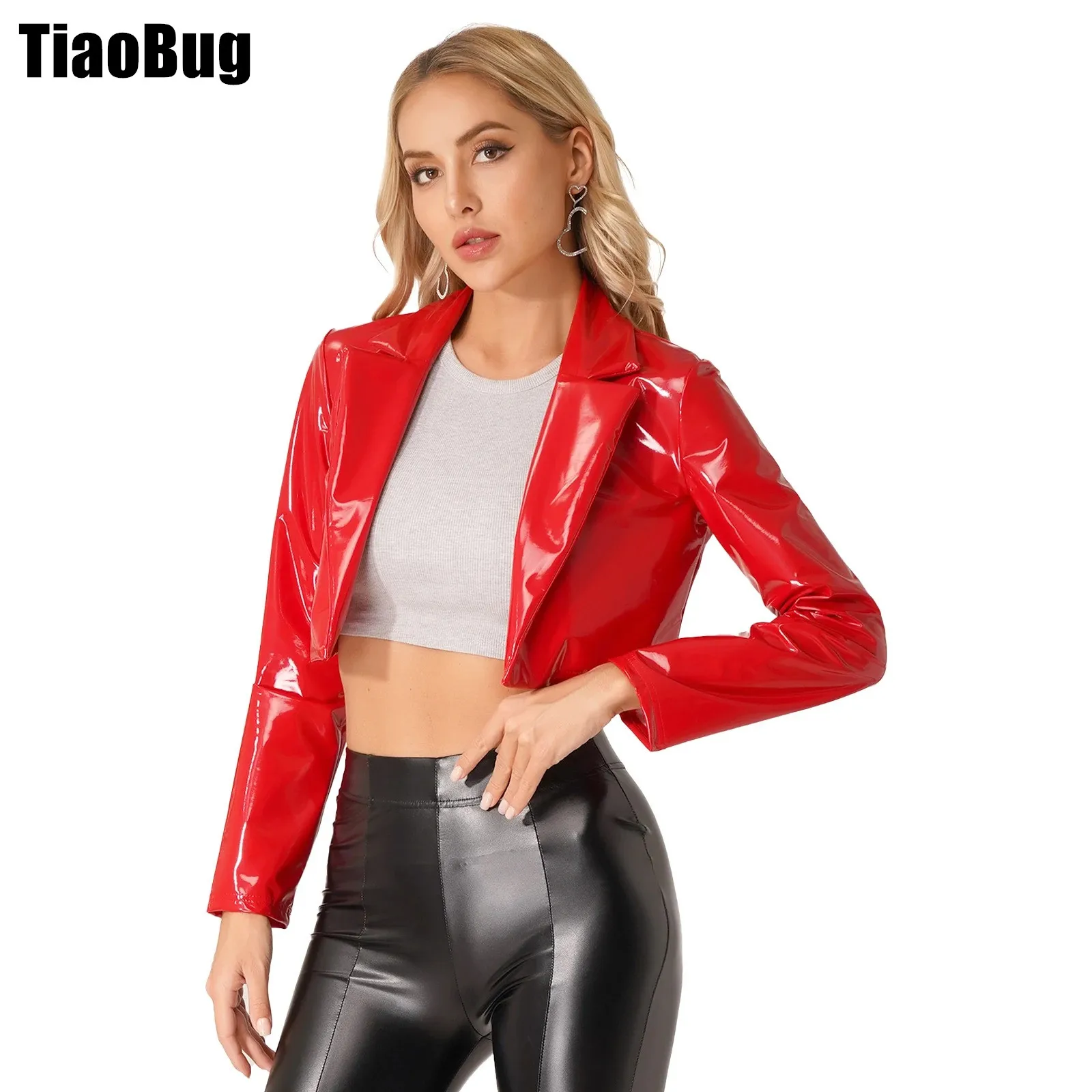 Womens Patent Leather Jacket Fashion Lapel Wet Look Long Sleeve Cropped Coat for Party Club Music Festival