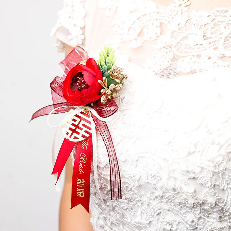 

Wedding Chinese Style Corsage Set Bride Groom Best Man Bridesmaid Father Mother Tradition Engagement Marriage Pearl Red Corsage