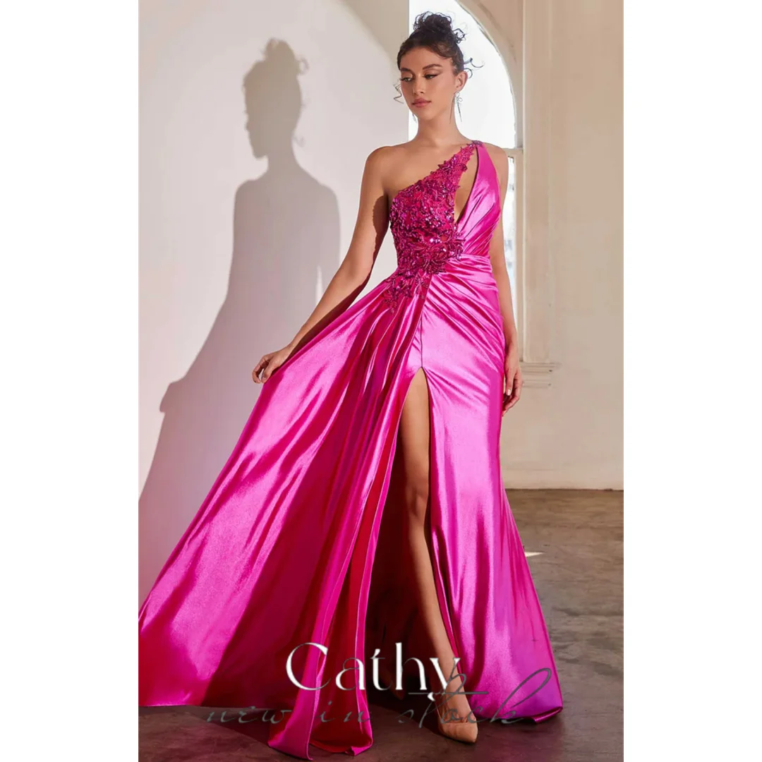 

Cathy Lace Appliques Prom Dressess One Shoulder Mermaid Satin Vestidos De Noche Sexy Sleeveless Sexy Side Split Cocktail Party